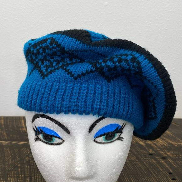 Vintage Blue Knit Beret Top Tassel Black Geometric Pattern Phillipines 80s 90s - Picture 6 of 12
